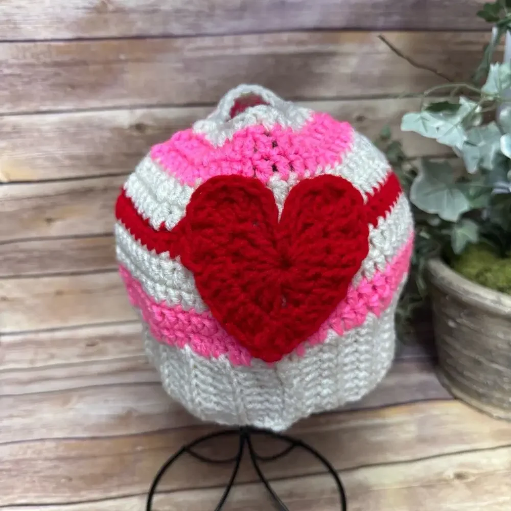 Handmade Heart Knit Hat - Red, Pink, Cream. Messy Bun